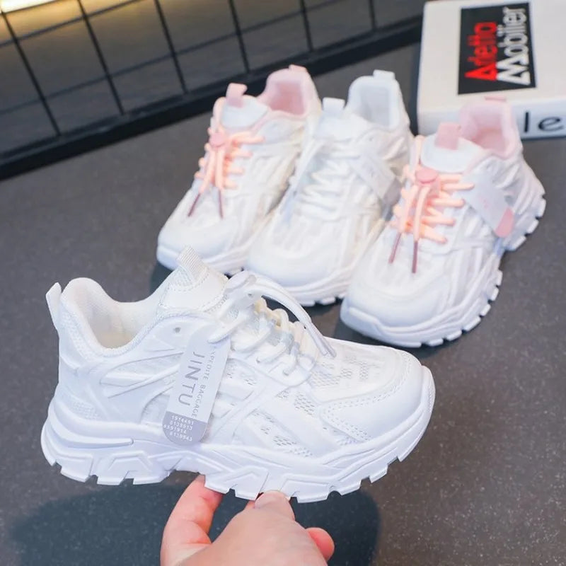 Scarpe casual per bambini, sneakers per bambini e bambine, scarpe bianche tinta unita, scarpe da corsa sportive traspiranti in mesh, sneakers chunky