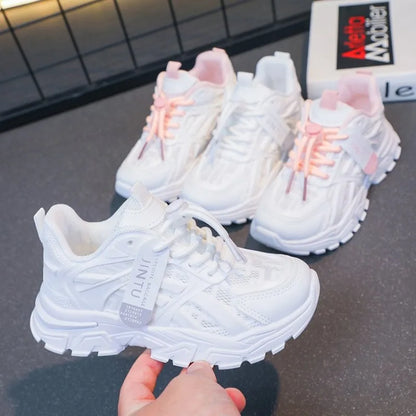 Scarpe casual per bambini, sneakers per bambini e bambine, scarpe bianche tinta unita, scarpe da corsa sportive traspiranti in mesh, sneakers chunky