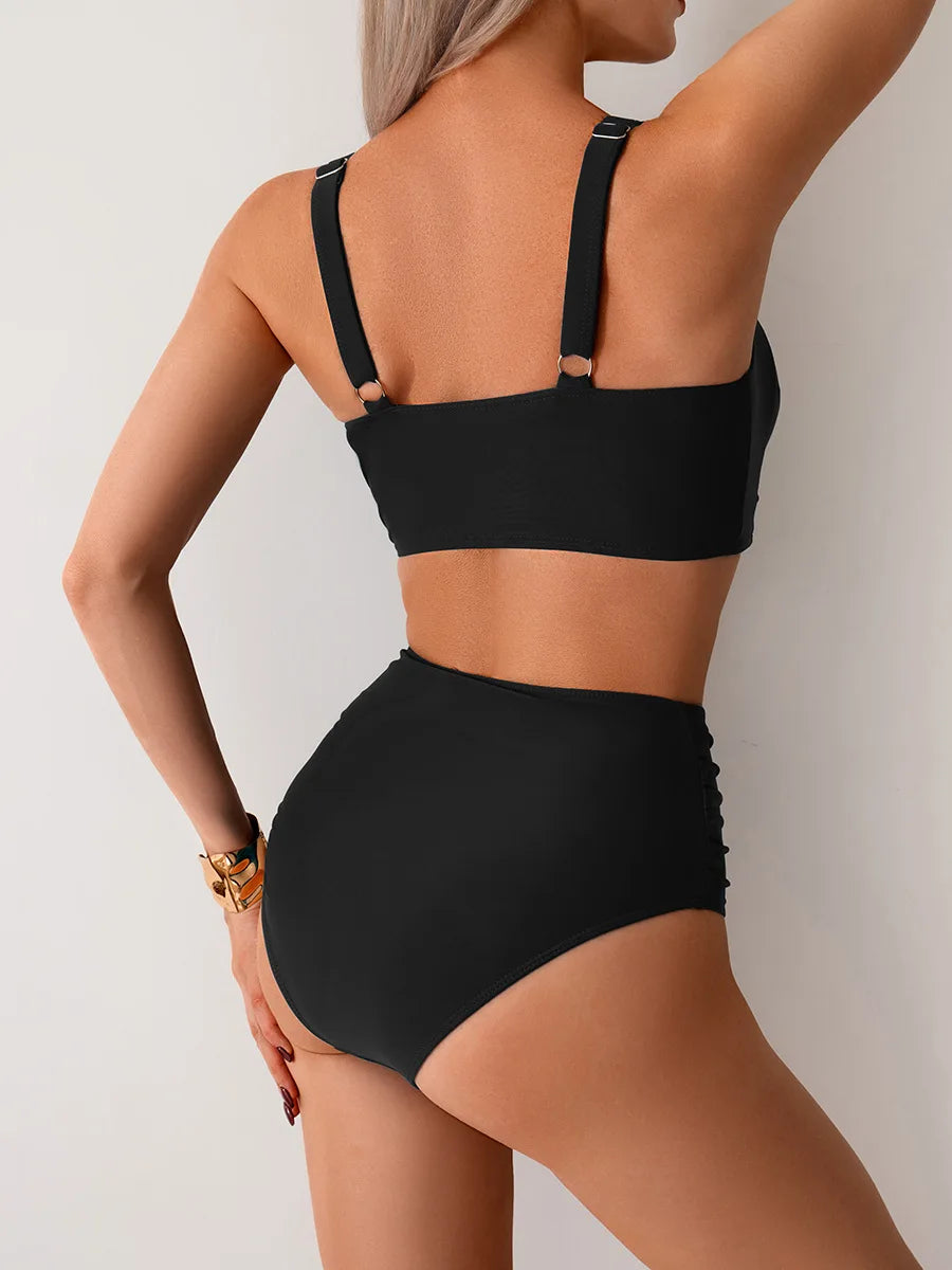 Costume da bagno sexy nero a due pezzi da donna, bikini imbottito push-up con pieghe incrociate, set da bagno estivo, costume da bagno slim a vita alta, bikini