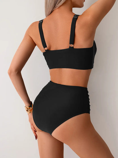Costume da bagno sexy nero a due pezzi da donna, bikini imbottito push-up con pieghe incrociate, set da bagno estivo, costume da bagno slim a vita alta, bikini