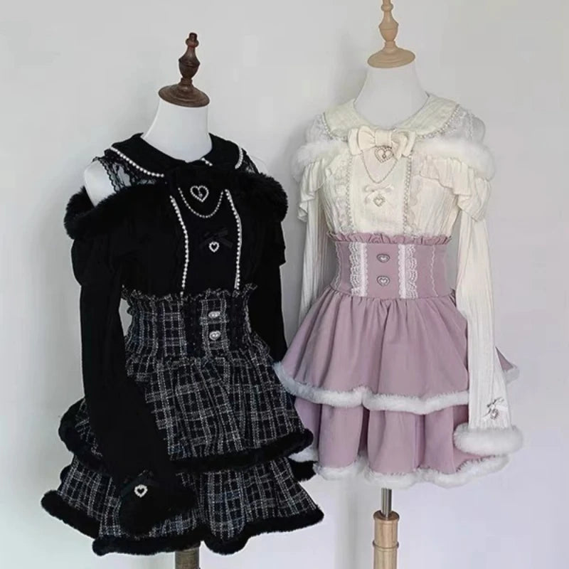 Japanese Sweet Girl Lolita Kawaii Outfits Women Bow  Knitted Blouses + High Waist Skirts New Harajuku Lovely 2 Piece Sets Winter