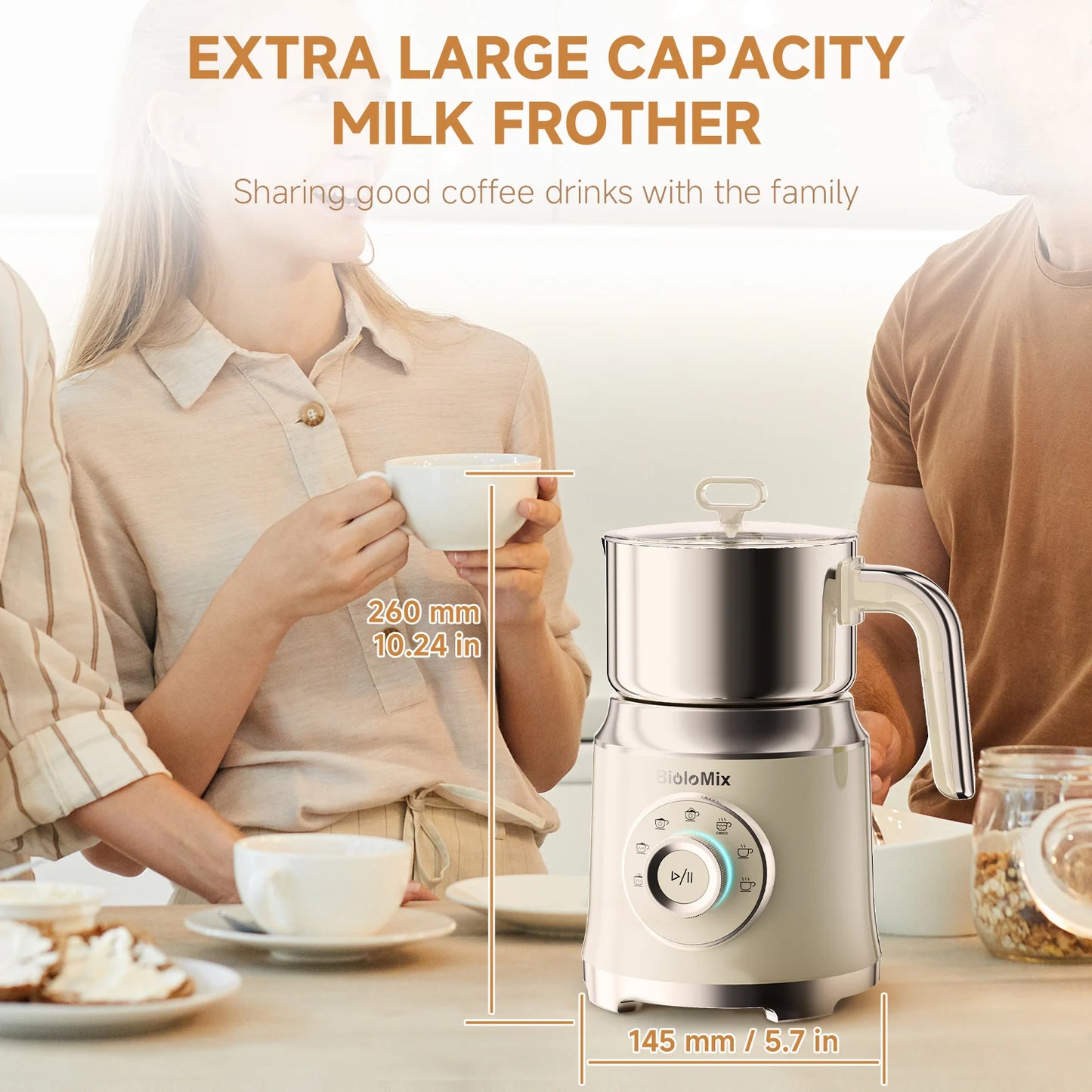 BioloMix 7 in 1 Steamer, montalatte elettrico staccabile, schiumatore automatico caldo/freddo per caffè e cioccolata calda, lavabile in lavastoviglie