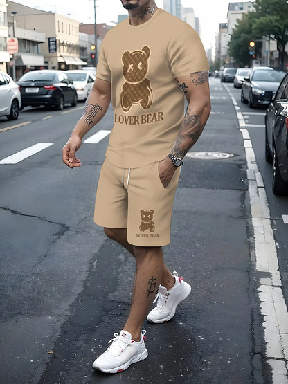 Completo estivo da uomo 2025 con stampa orsetto, t-shirt girocollo morbida e traspirante e pantaloncini, set casual da esterno a due pezzi.