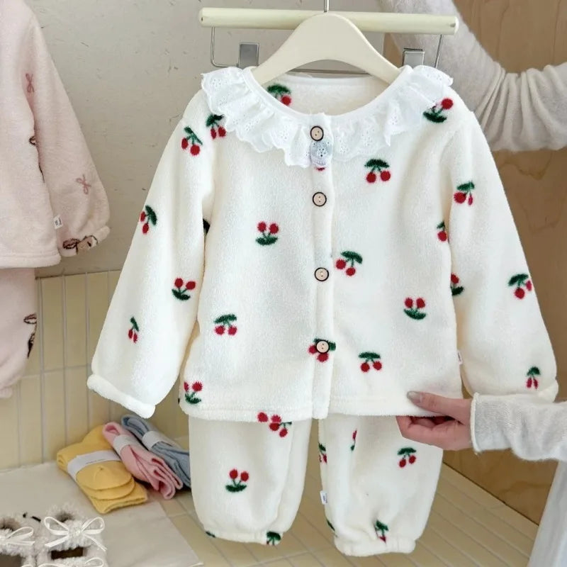 Completo pigiama invernale per bambina, 2 pezzi, caldo pile con bordo in pizzo, maglia a maniche lunghe e pantaloni, grazioso completo per la casa, abbigliamento casual per Natale