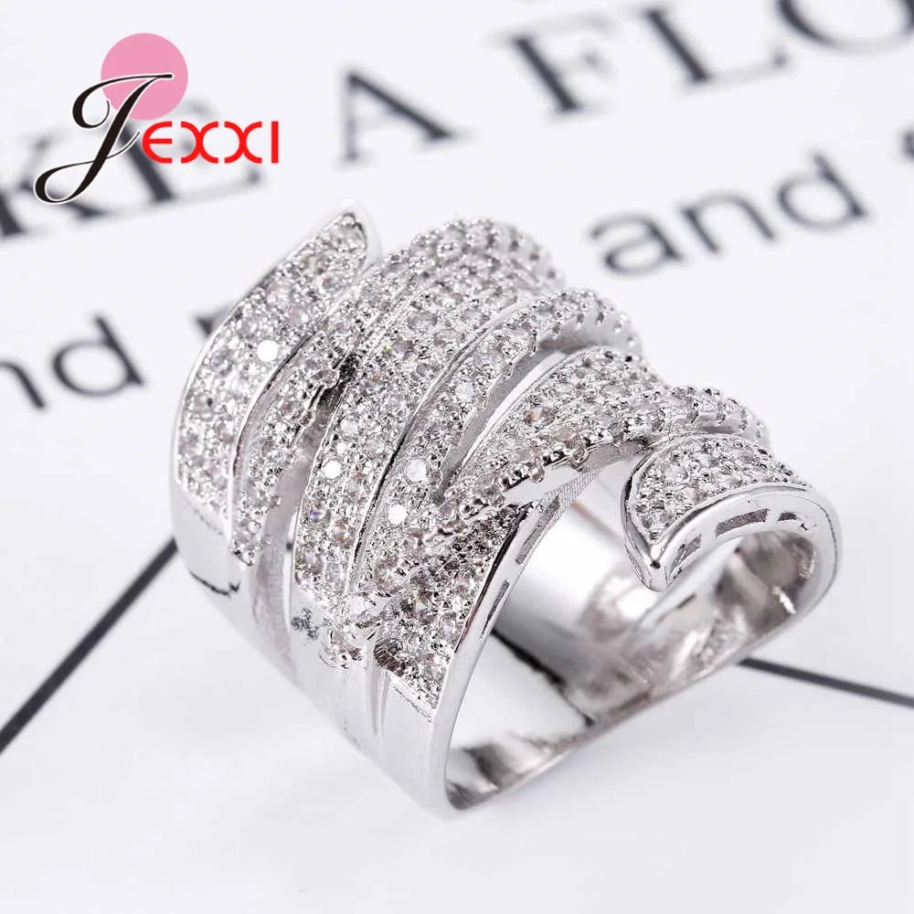 Anello da donna in argento sterling 925 con forma geometrica, ideale per fidanzamento, feste, matrimonio e nozze, con zirconi cubici.