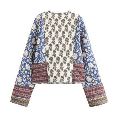 Giacca vintage da donna in cotone con stampa patchwork 2024, trapuntata, a maniche lunghe, ampia, corta, calda, autunno/inverno, capospalla femminile