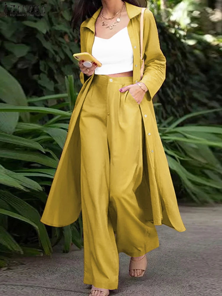 2025 ZANZEA Spring Fashion Long Sleeve Lapel Long Shirt Pant Sets Women Work Matching Sets 2pcs Outfits Solid Loose Trouser Suit