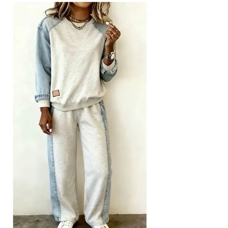 Autumn Winter Sports Style Suit Spliced long-sleeved Round Neck Long-sleeved Pullover Sweatshirt Wide-leg Trousers 2-piece Set