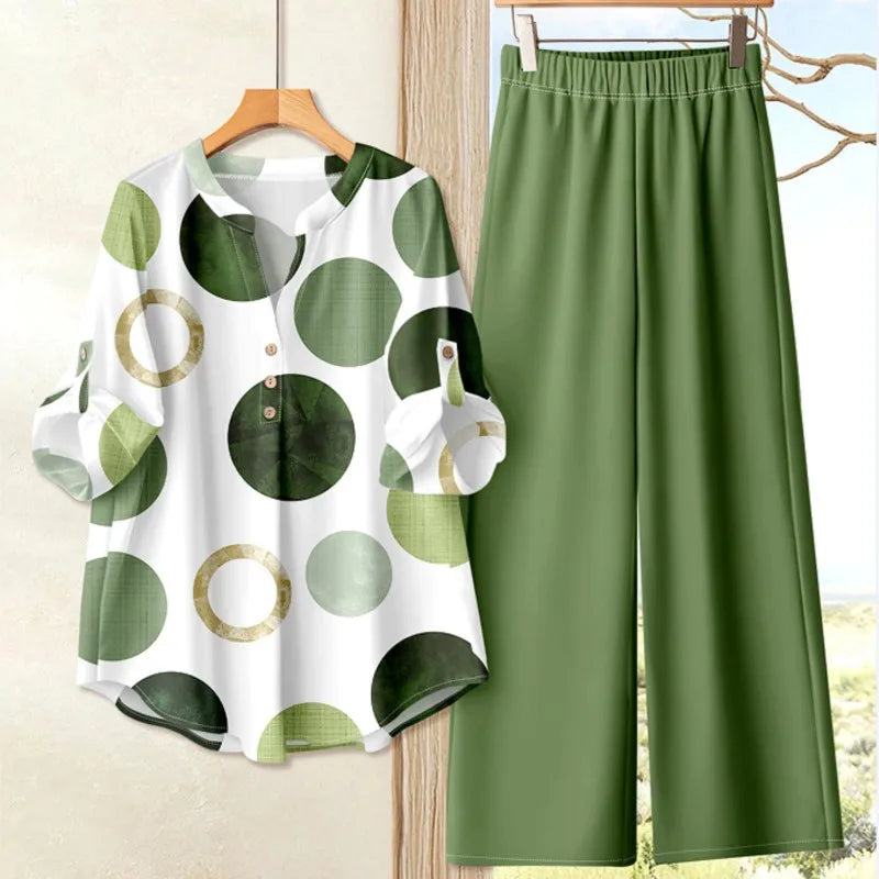 Completo casual da donna autunno 2025, top ampio a maniche lunghe stampato alla moda abbinato a pantaloni larghi in tinta unita, set da due pezzi