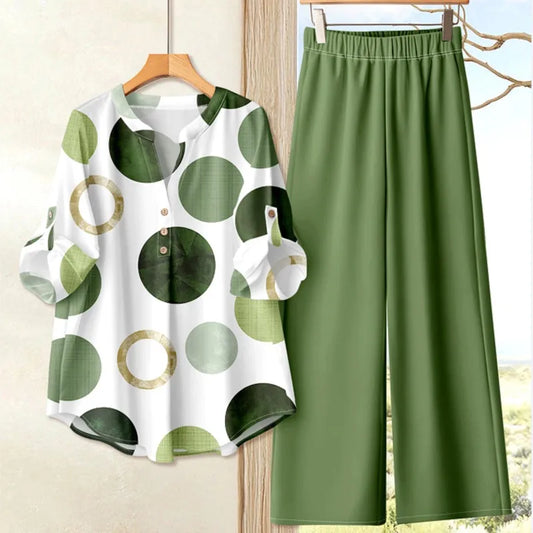 Completo casual da donna autunno 2025, top ampio a maniche lunghe stampato alla moda abbinato a pantaloni larghi in tinta unita, set da due pezzi