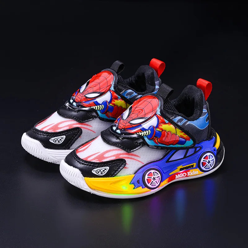 Scarpe casual per bambini con luci LED, motivo cartoni animati, in mesh, autunnali, per sport all'aria aperta, traspiranti e antiscivolo, nere e blu, taglie 21-30.