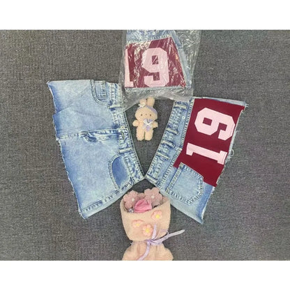 Denim shorts y2k vintage loose cloud pattern pocket printed skateboard jeans jeans short men hip hop streetwear