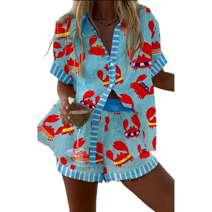 Combhasaki - Completo da donna in 2 pezzi Y2K con stampa di granchi a righe, camicia a maniche corte con risvolto e pantaloncini larghi elastici a vita alta