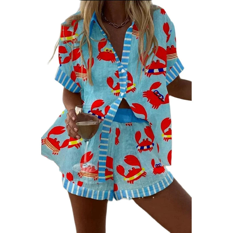 Combhasaki Women 2 Piece Y2K Cute Striped Crab Print Outfits Set Short Sleeve Lapel Neck Shirt + Elastic High Waist Loose Shorts