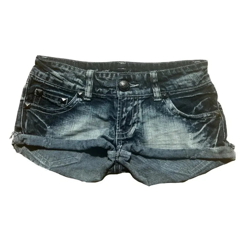 British street Y2K female rider motorcycle hot melt printed shorts retro spice girls sexy wash jeans shorts low waist mini skirt