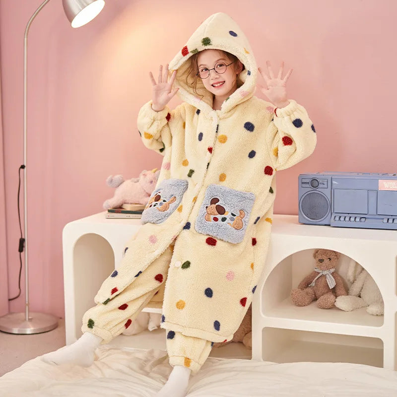 Stitch 2 pezzi pigiama in velluto Kawaii genitore-figlio Kawaii cartone animato anime bambine bambino accappatoio con cappuccio spesso caldo casual carino set di abbigliamento per la casa