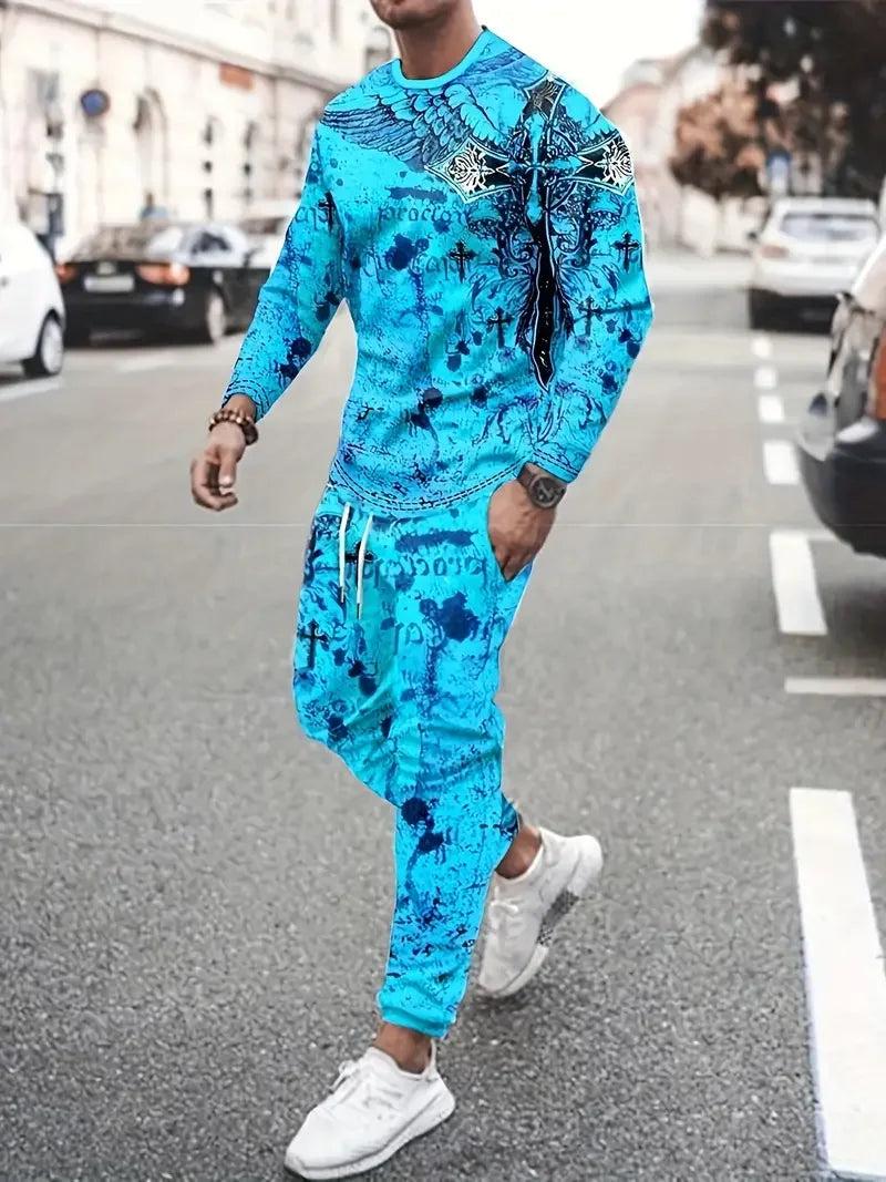 Popular Men's Long Sleeve T-Shirts Pants Set Fashion 3D Print Men Sportswear Man Clothes Street Tracksuit Jogger 2 Piece Outfits