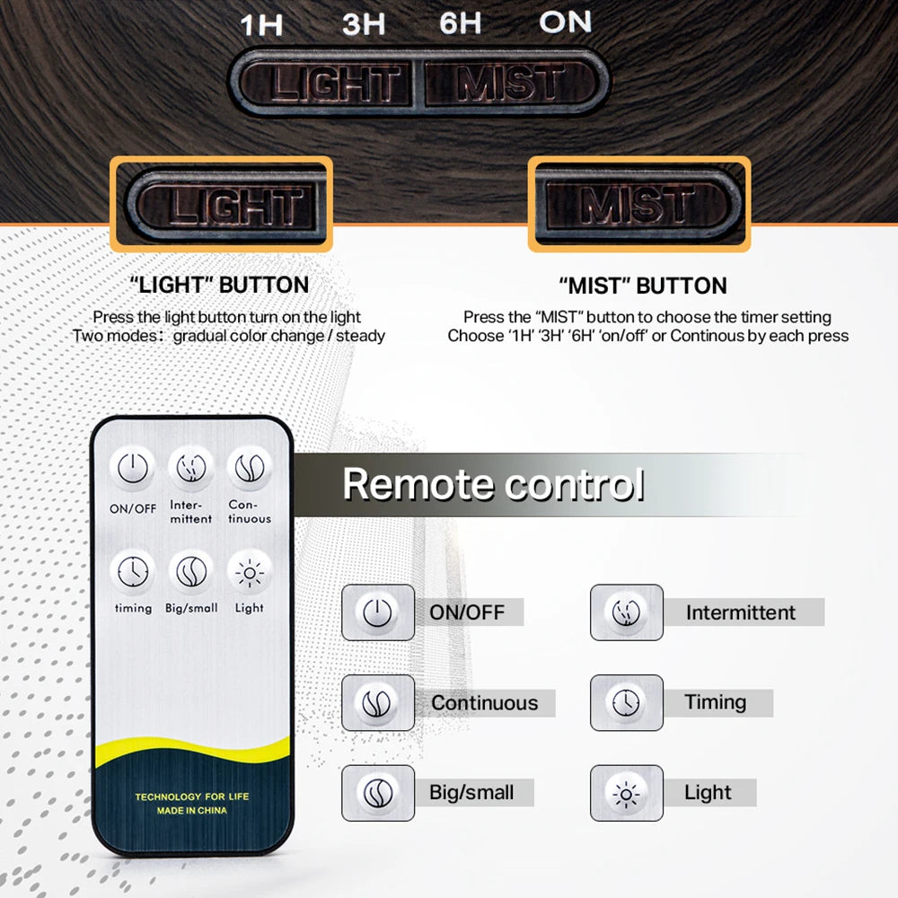 Diffusore di oli essenziali per aromaterapia con finitura effetto legno, telecomando, umidificatore ad ultrasuoni e luce LED a 7 colori.