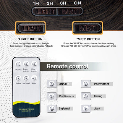 Diffusore di oli essenziali per aromaterapia con finitura effetto legno, telecomando, umidificatore ad ultrasuoni e luce LED a 7 colori.