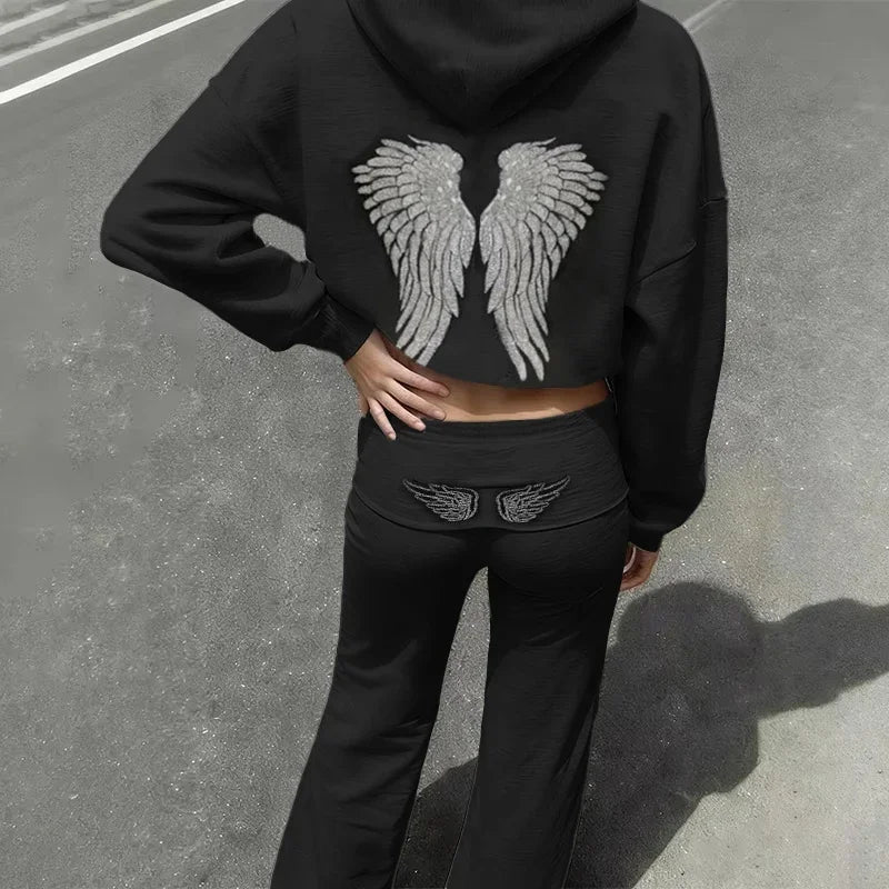 Felpa con cappuccio e pantaloni da donna autunno inverno, set da 2 pezzi, tinta unita, vintage, lucida, con stampa ad ali, manica lunga, con cerniera, casual, streetwear