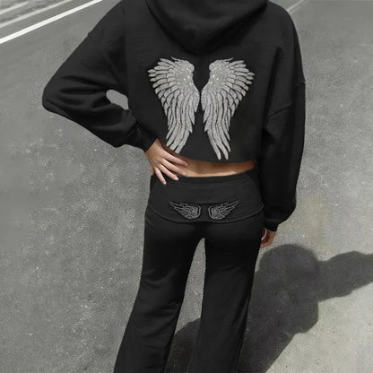 Autumn Winter Women's Hoodie Trousers 2piece Set Solid Vintage Shiny Wing Print Long Sleeve Zip Up Casual Sweatshirt Streetwear