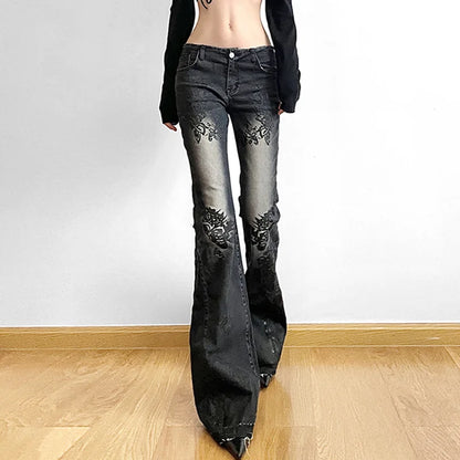 Jeans da donna New American Retro Street Style Stampa vegetale Lavato Vintage Pantaloni a zampa a vita bassa Trendy Versatile