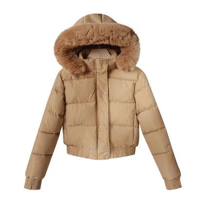 Parkas Down Jacket Women Winter Cotton Short Coat Hooded Fur Collar Office Lady Outerwear Thicken Warm Windproof Overcoat 2025