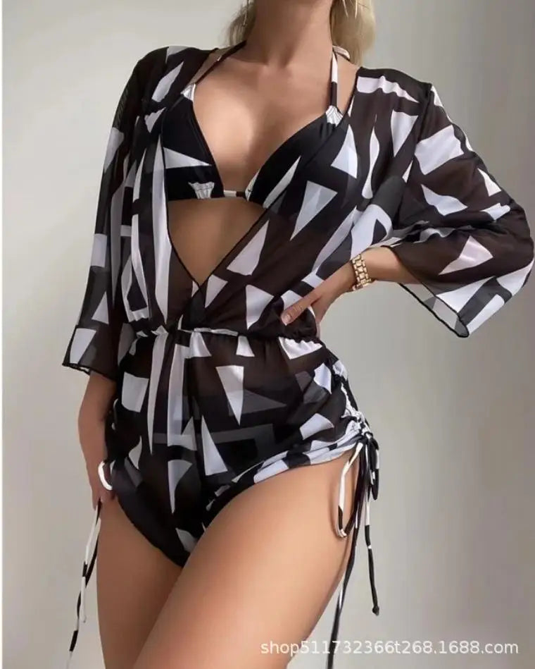 Conservative Leaf Print Bikini Three Piece Set Waist Cinching String Sports Style Beach Swimsuit High Elasticity Polyester