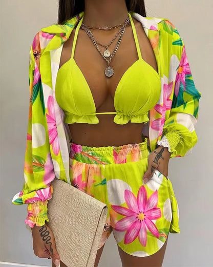 Costume da bagno a tre pezzi, sexy, da spiaggia, nuovo 2024, pantaloncini da bagno, copricostume, bikini estivo a vita alta, set bikini stampato da donna.