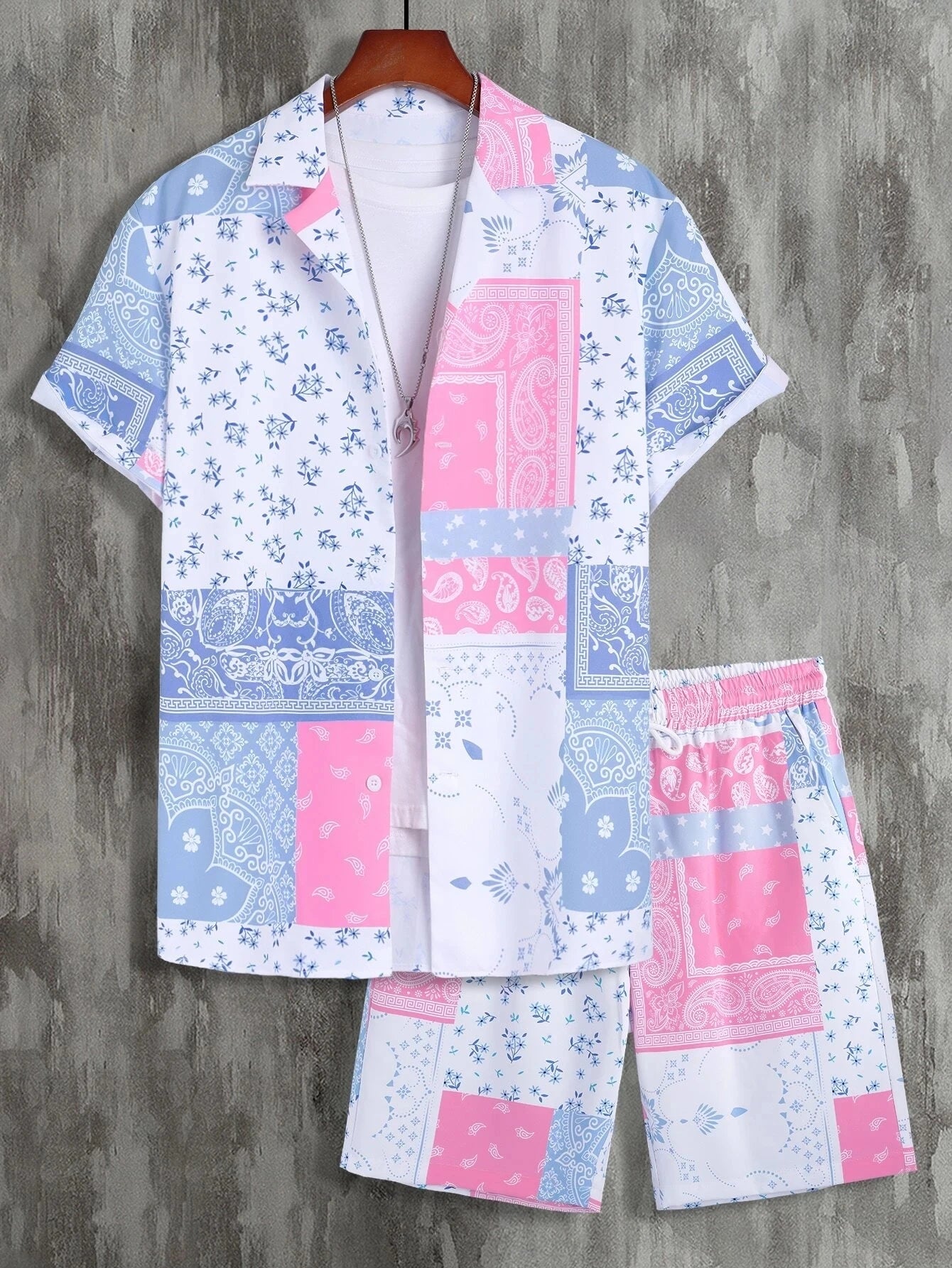 Completo uomo 2024 con stampa patchwork, risvolto, maniche corte, camicia casual, pantaloncini da spiaggia, abbigliamento streetwear estivo, vacanze, completo hawaiano, taglie S-5XL.