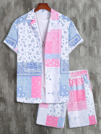 Completo uomo 2024 con stampa patchwork, risvolto, maniche corte, camicia casual, pantaloncini da spiaggia, abbigliamento streetwear estivo, vacanze, completo hawaiano, taglie S-5XL.