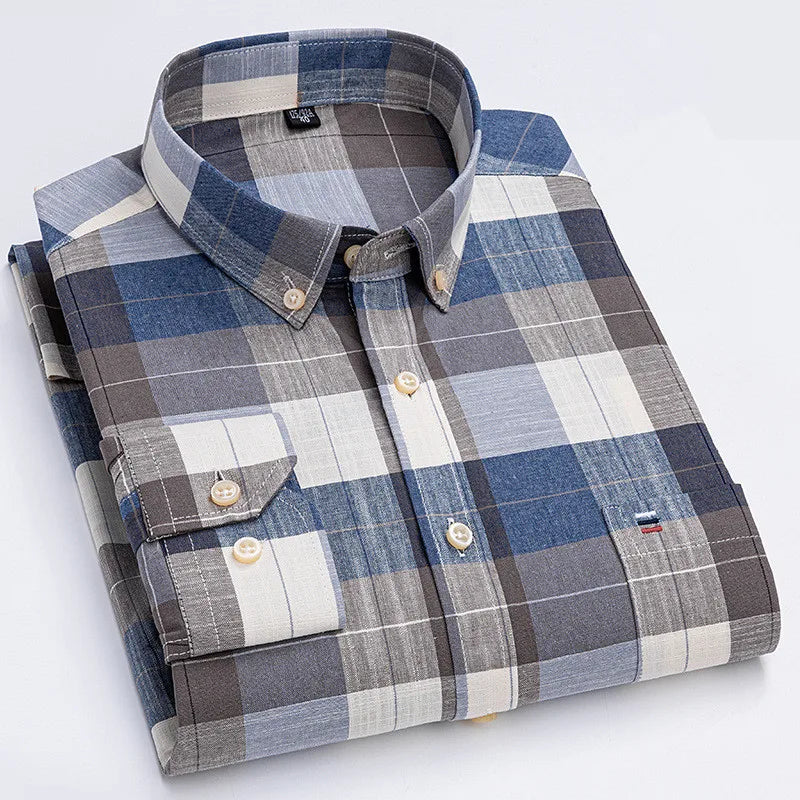 Camicia da uomo a quadri con bottoni a maniche lunghe in cotone 100%, con tasca singola sul petto, vestibilità standard, casual, stile Oxford a quadri e righe