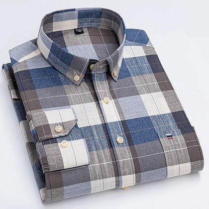 Camicia da uomo a quadri con bottoni a maniche lunghe in cotone 100%, con tasca singola sul petto, vestibilità standard, casual, stile Oxford a quadri e righe
