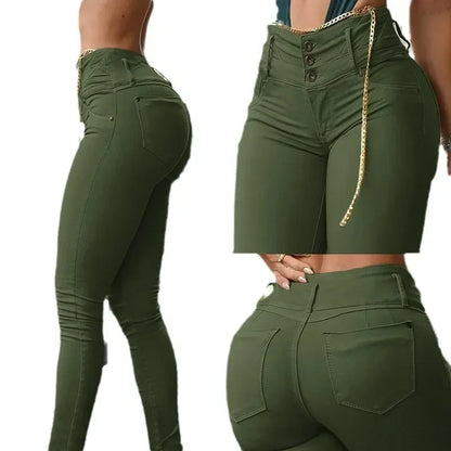 Pantaloni attillati lunghi e aderenti color cachi da donna, a vita alta, alla caviglia