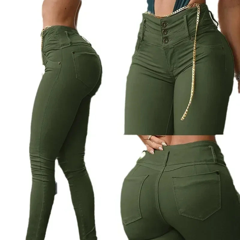 Pantaloni da donna lunghi, aderenti, a vita alta, color kaki, tinta unita, lunghezza alla caviglia.