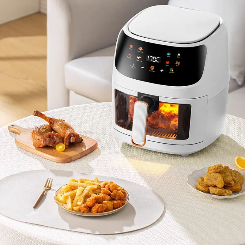 Nuova friggitrice ad aria ad alta capacità in acciaio inossidabile da 8 litri, forno elettrico domestico visivo, multifunzionale, senza olio, per la casa, nero, bianco e verde