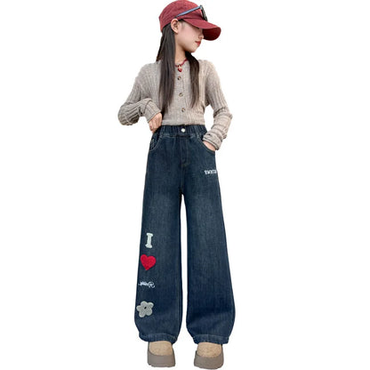 Nuovi arrivi Jeans invernali imbottiti e caldi per bambini con fodera in pile per ragazze preadolescenti Pantaloni in denim con motivo a cuori Pantaloni in velluto a coste per bambini