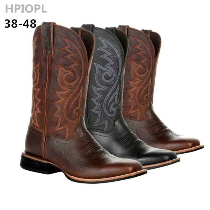 Stivali western da uomo a metà polpaccio, neri e marroni, stivali da cowboy in pelle fatti a mano, scarpe da uomo 2025, nuovi stivali da equitazione unisex punk da uomo e donna.