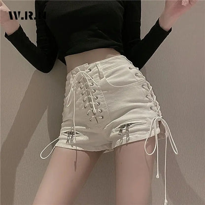 2024 Nuovi pantaloncini di jeans sexy a fascia da donna, streetwear gotico, jeans mini a vita alta con lacci, casual con zip, neri, stile gotico da club.