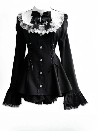 Set di abiti con fiocco in stile giapponese dolce, pantaloncini, abiti da donna a maniche lunghe e camicia a quadri, stile Kawaii Lolita, Y2k