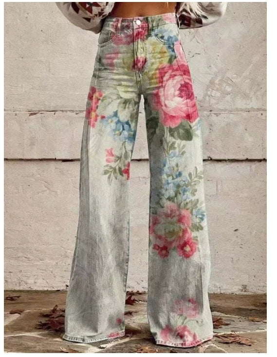 Cross-border Sale of Large-sized Women Casual Pants for European American Trade Thin Style Imitating copy Jeans Wide-leg Fashion
