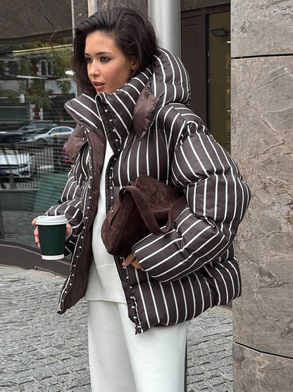 2025 Winter Striped Women's Hooded Quilted Jacket Thicken Zipper Long Sleeve Short Coat New Casual Female Loose Warm Outerwear