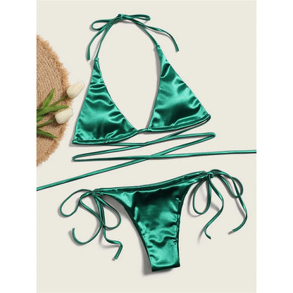 Bikini brasiliano sexy in raso con allacciatura al collo, disponibile in 13 colori, per donna. Costume da bagno a due pezzi. Set bikini da bagno K4966