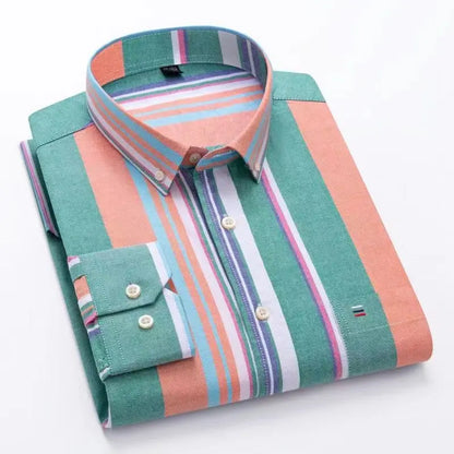 Camicia da uomo a quadri con bottoni a maniche lunghe in cotone 100%, con tasca singola sul petto, vestibilità standard, casual, stile Oxford a quadri e righe