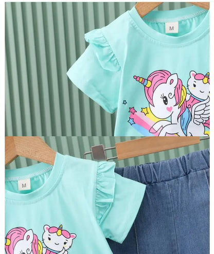 Completo estivo per bambine 2024, composto da maglietta a maniche corte con stampa a cartoni animati e pantaloni da cowboy, per neonate da 0 a 4 anni.
