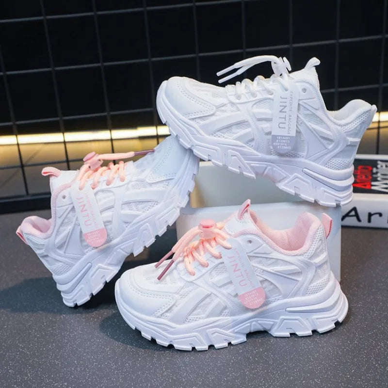 Scarpe casual per bambini, sneakers per bambini e bambine, scarpe bianche tinta unita, scarpe da corsa sportive traspiranti in mesh, sneakers chunky