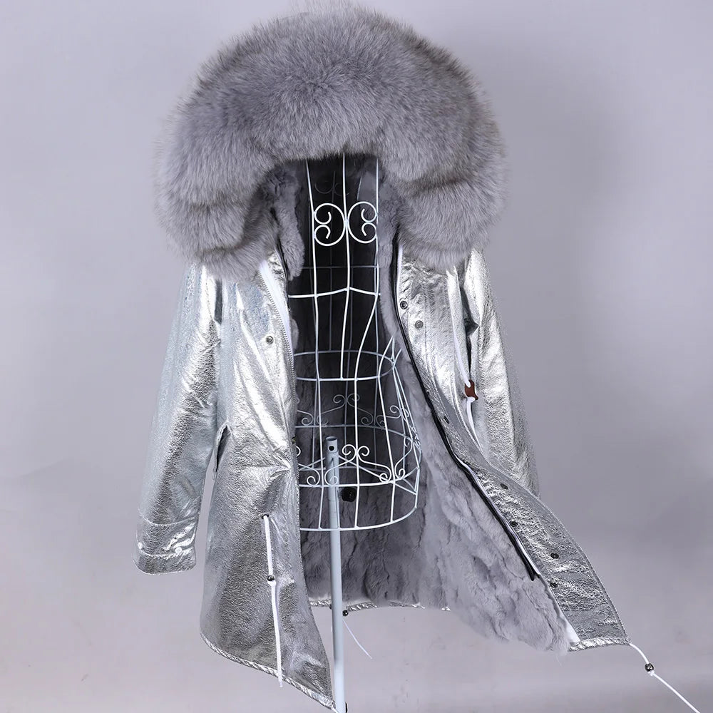 Maomaokong 2022 Giacca invernale da donna Parka lungo Impermeabile Grande pelliccia di volpe naturale vera Collo di pelliccia di procione Cappuccio Fodera in caldo coniglio