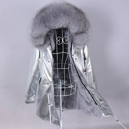 Maomaokong 2022 Giacca invernale da donna Parka lungo Impermeabile Grande pelliccia di volpe naturale vera Collo di pelliccia di procione Cappuccio Fodera in caldo coniglio