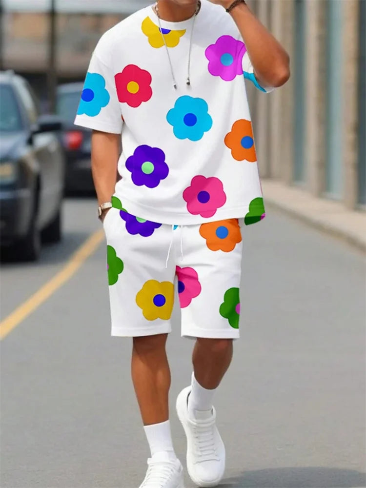 Completo estivo casual da uomo con pantaloncini a maniche corte, maglietta alla moda da uomo stile urbano, pantaloncini sportivi da uomo per attività all'aperto.