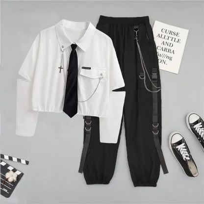 2 Two Piece Sets Outifits For Women New Suit Female Student Korean Loose Long Sleeve Shirt + High Waist Cargo Pants Joggers